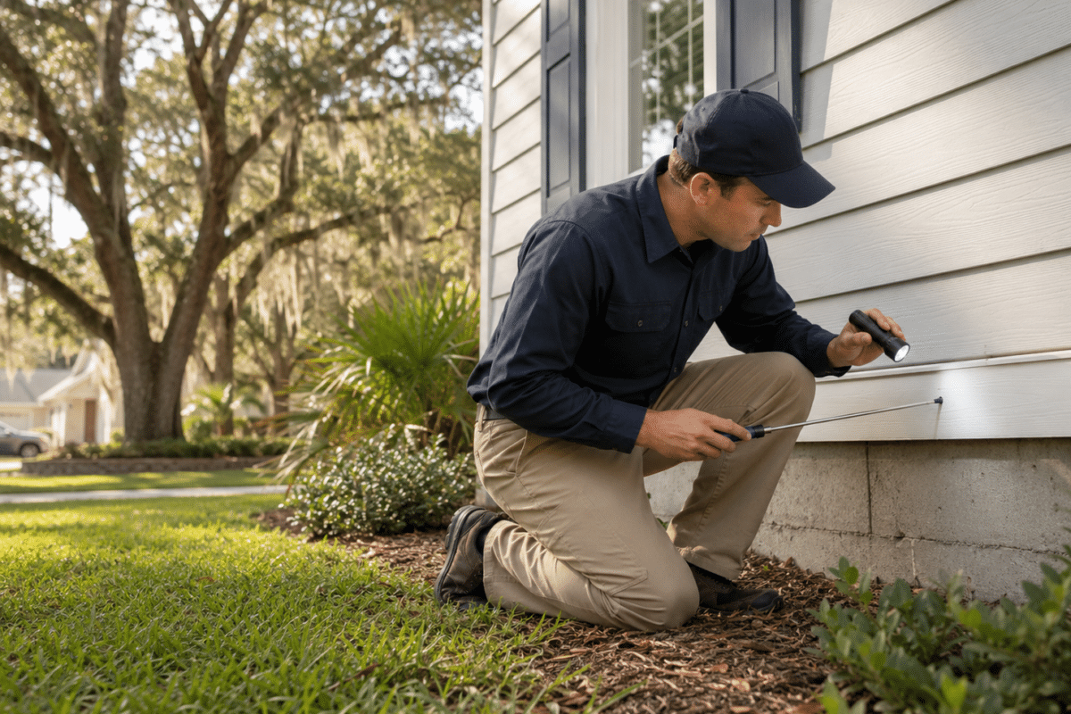 Pest control technician providing termite and mosquito control services at a home in St. Johns County, Florida