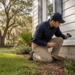 Pest control technician providing termite and mosquito control services at a home in St. Johns County, Florida