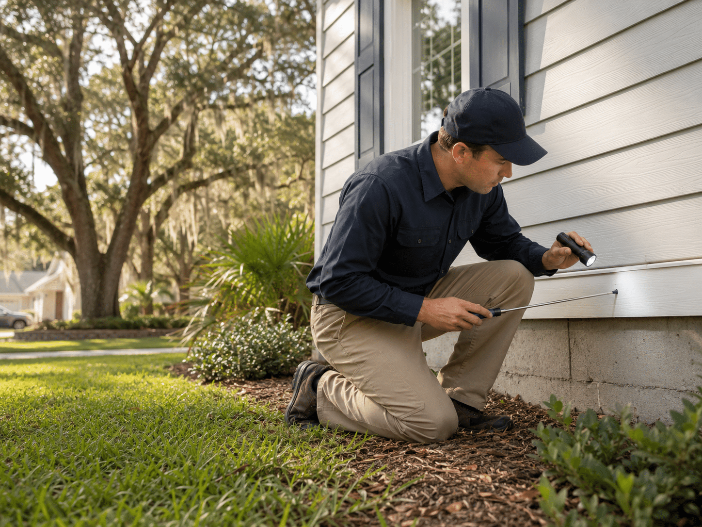 Pest control technician providing termite and mosquito control services at a home in St. Johns County, Florida